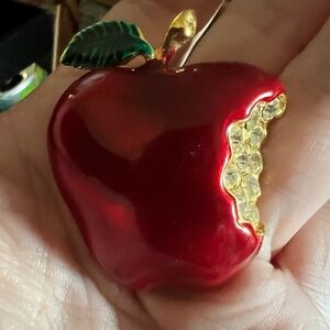 Vintage Rhinestone Red Enameled Apple with Bite Brooch Pin Signed Saxon